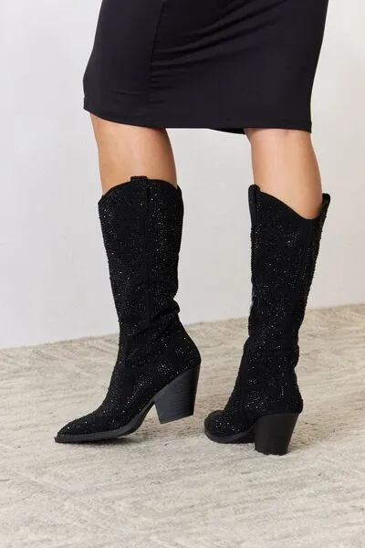 Forever Link Black Rhinestone Embellished Knee High Cowgirl Boots