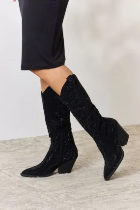 Forever Link Black Rhinestone Embellished Knee High Cowgirl Boots