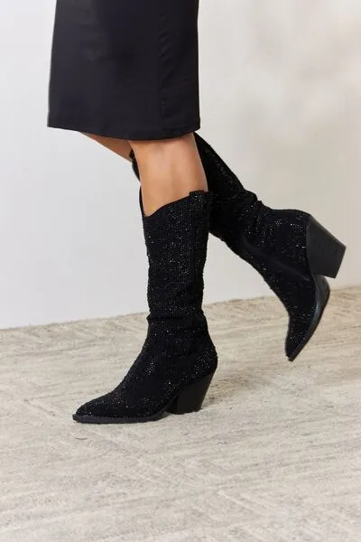 Forever Link Black Rhinestone Embellished Knee High Cowgirl Boots