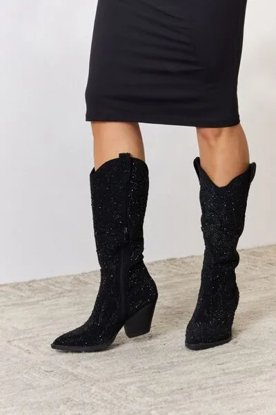 Forever Link Black Rhinestone Embellished Knee High Cowgirl Boots