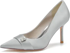 FufoneUS Women's Bridal Shoes Closed Toe 3.35" Stiletto Heel Lace Satin Pumps Evening Wedding Heels,Silver,5