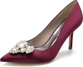 FufoneUS Women's Stiletto High Heel Dress Pumps Pointed Toe Bridal Wedding Evening Prom Shoes with Crystal,Burgundy,11
