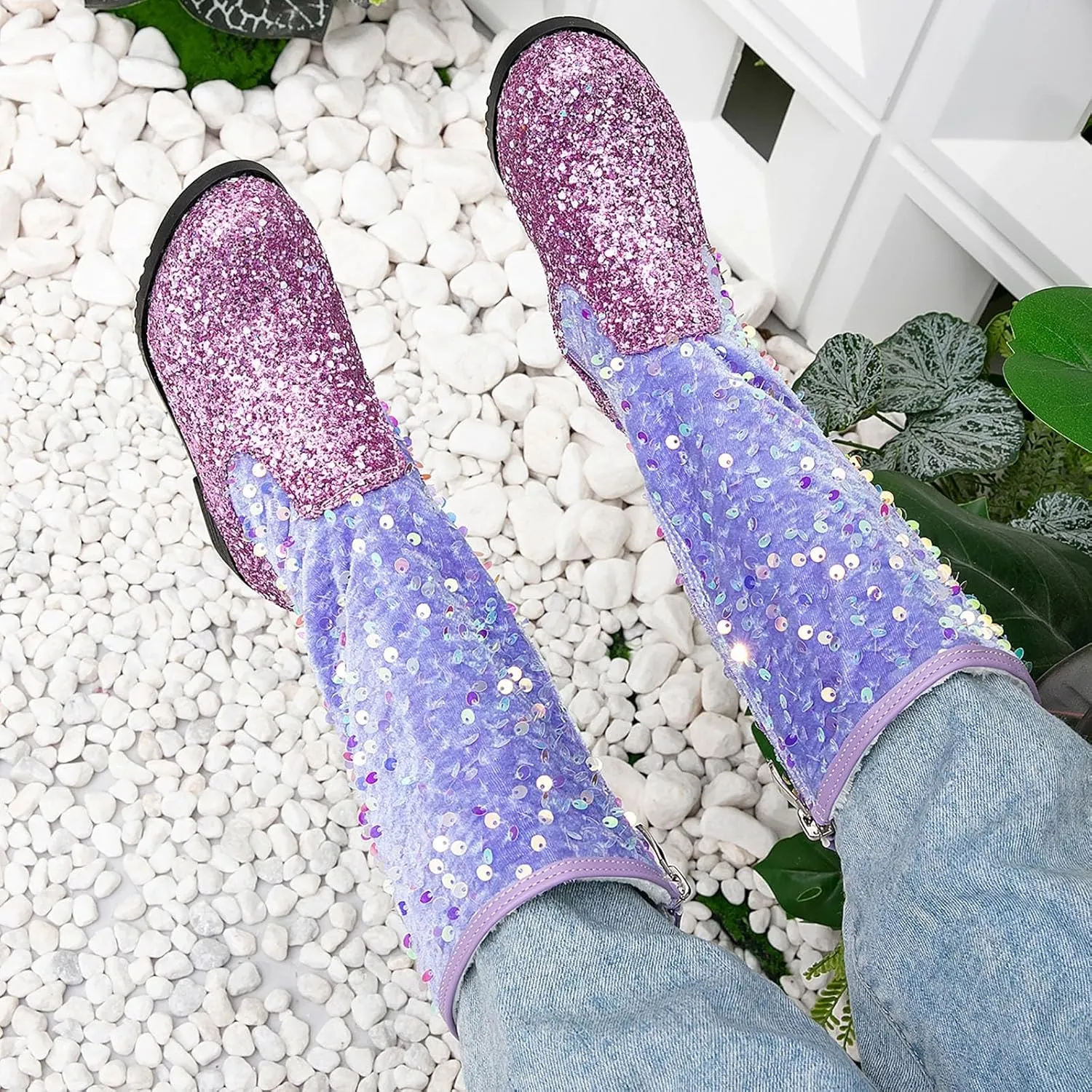 Girls Cowgirl Boots Child Mid Calf Warm Fur Lined Glitter Toddler Cowboy Boot Little Big Kids Western Riding Shoes