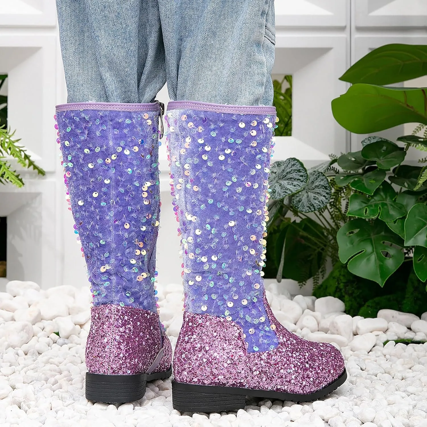 Girls Cowgirl Boots Child Mid Calf Warm Fur Lined Glitter Toddler Cowboy Boot Little Big Kids Western Riding Shoes