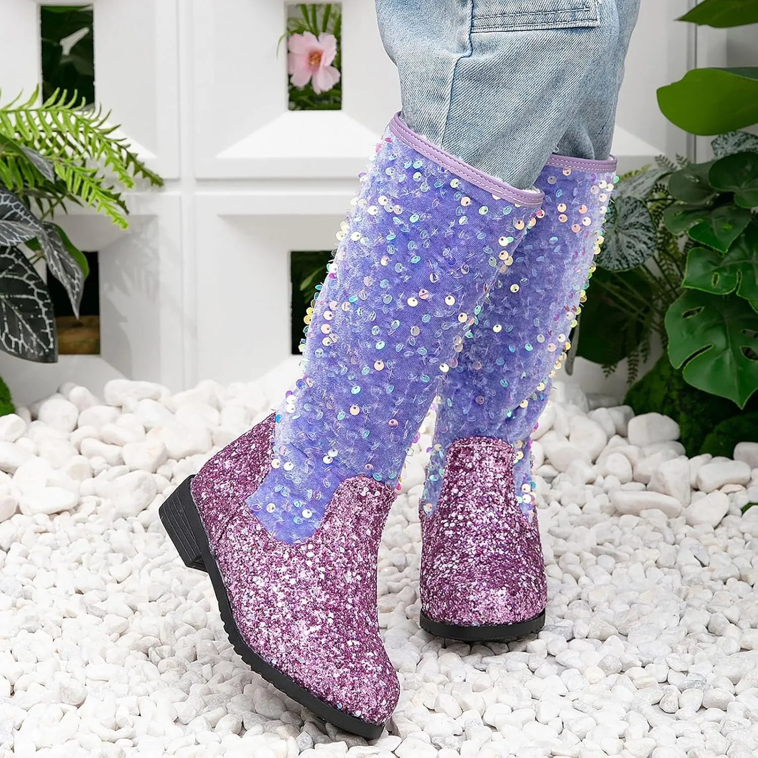 Girls Cowgirl Boots Child Mid Calf Warm Fur Lined Glitter Toddler Cowboy Boot Little Big Kids Western Riding Shoes