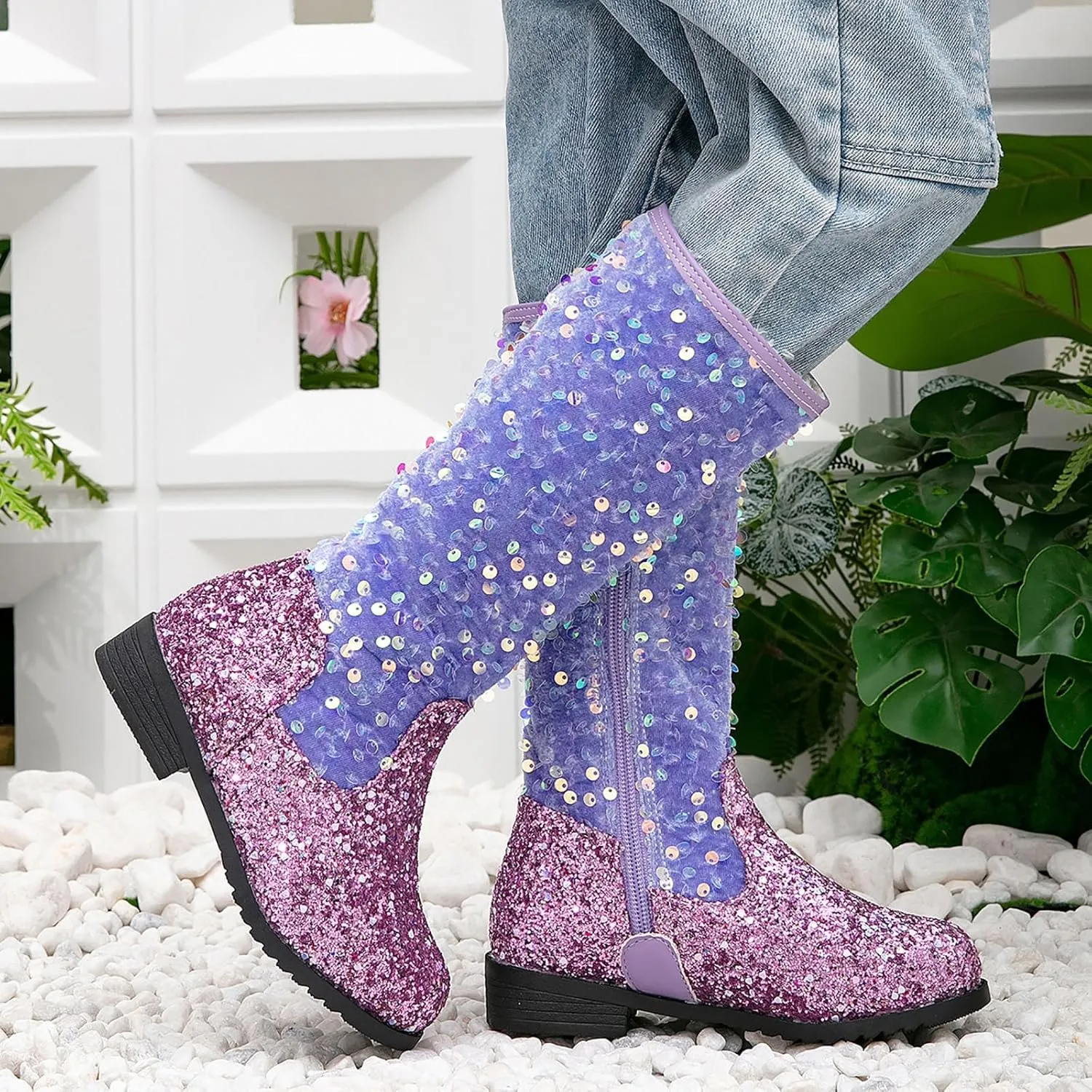Girls Cowgirl Boots Child Mid Calf Warm Fur Lined Glitter Toddler Cowboy Boot Little Big Kids Western Riding Shoes