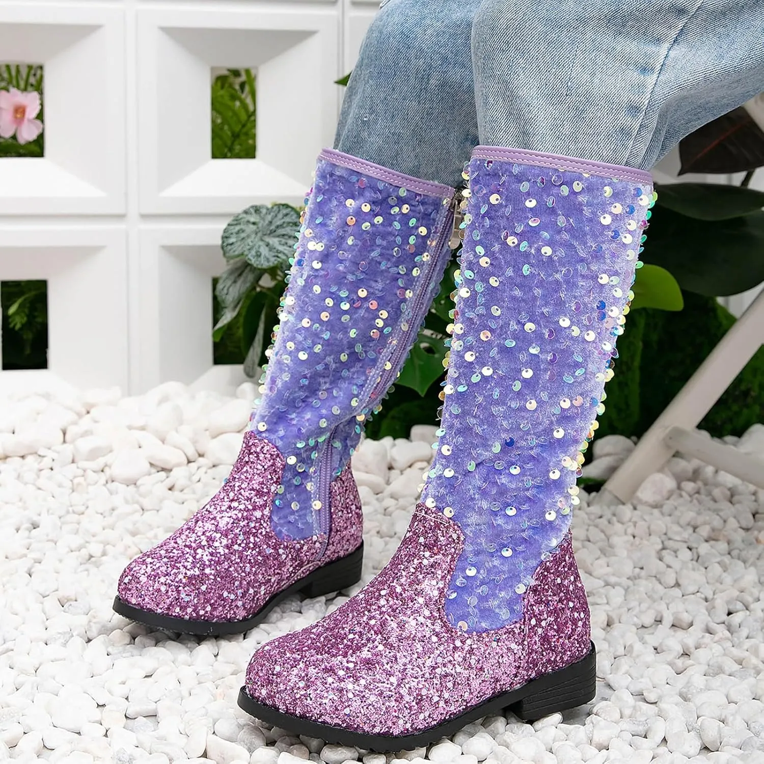 Girls Cowgirl Boots Child Mid Calf Warm Fur Lined Glitter Toddler Cowboy Boot Little Big Kids Western Riding Shoes