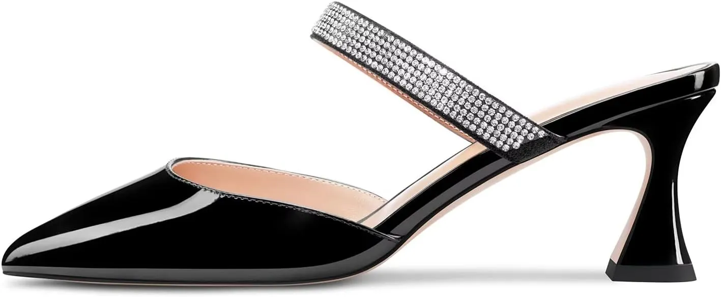 HEUIVZAR Women Chunky Block Mid Heel Pointed Toe Sandals Slingback Slip-on Rhinestone Crystal Party Dress 2.6 Inches Heels