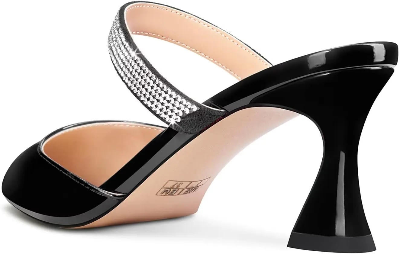 HEUIVZAR Women Chunky Block Mid Heel Pointed Toe Sandals Slingback Slip-on Rhinestone Crystal Party Dress 2.6 Inches Heels