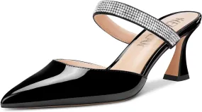 HEUIVZAR Women Chunky Block Mid Heel Pointed Toe Sandals Slingback Slip-on Rhinestone Crystal Party Dress 2.6 Inches Heels