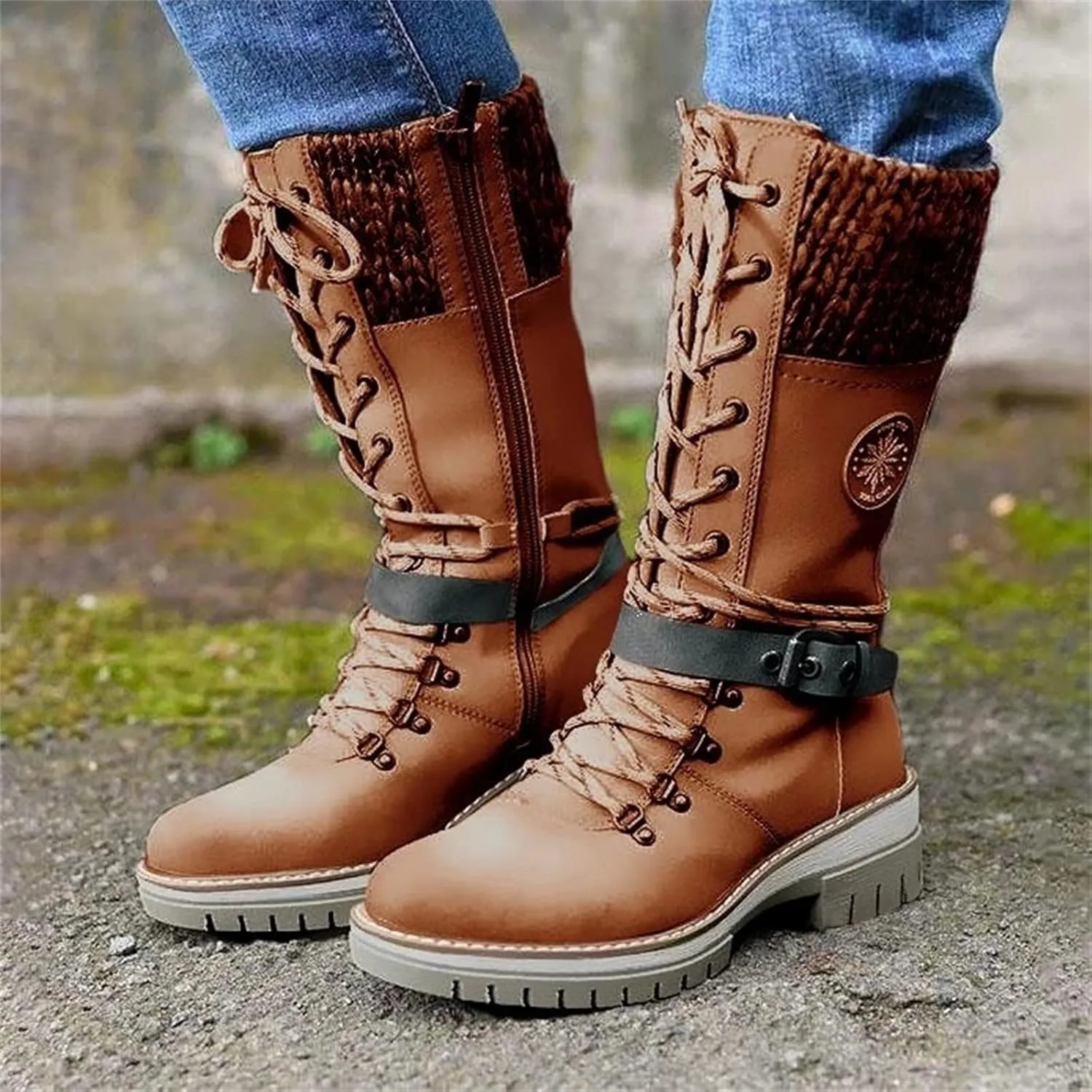 Ladmiple Combat Boots Womens Mid Calf Ankle Bootie Winter Side Zipper Low Heel Western Military Motorcycle Riding Biker Boots