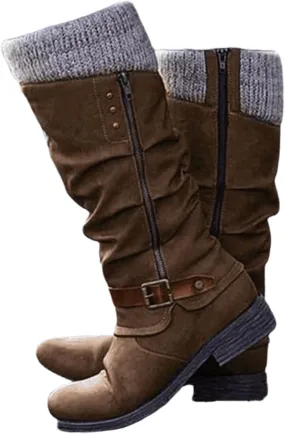 Ladmiple Cowboy Boots For Women Knee High Wide Calf Cowgirl Boots Mid Heel Retro Fashion Tall Boot Pull On for Ladies