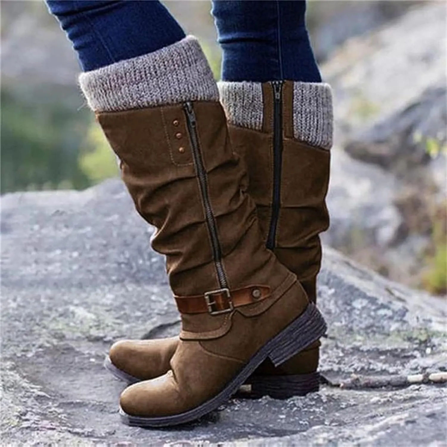 Ladmiple Cowboy Boots For Women Knee High Wide Calf Cowgirl Boots Mid Heel Retro Fashion Tall Boot Pull On for Ladies