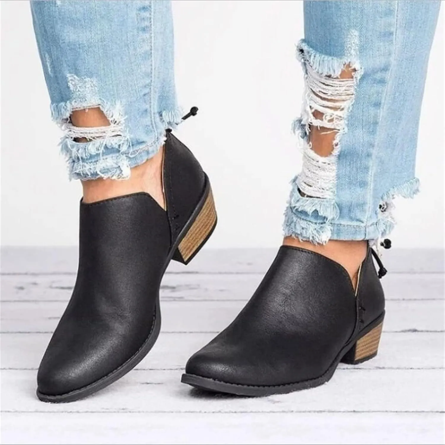 Lausiuoe Boots For Women Ankle Booties Sexy Low Heels Chunky Block Cutout Booties Casual Dressy Slip on Western Shoes