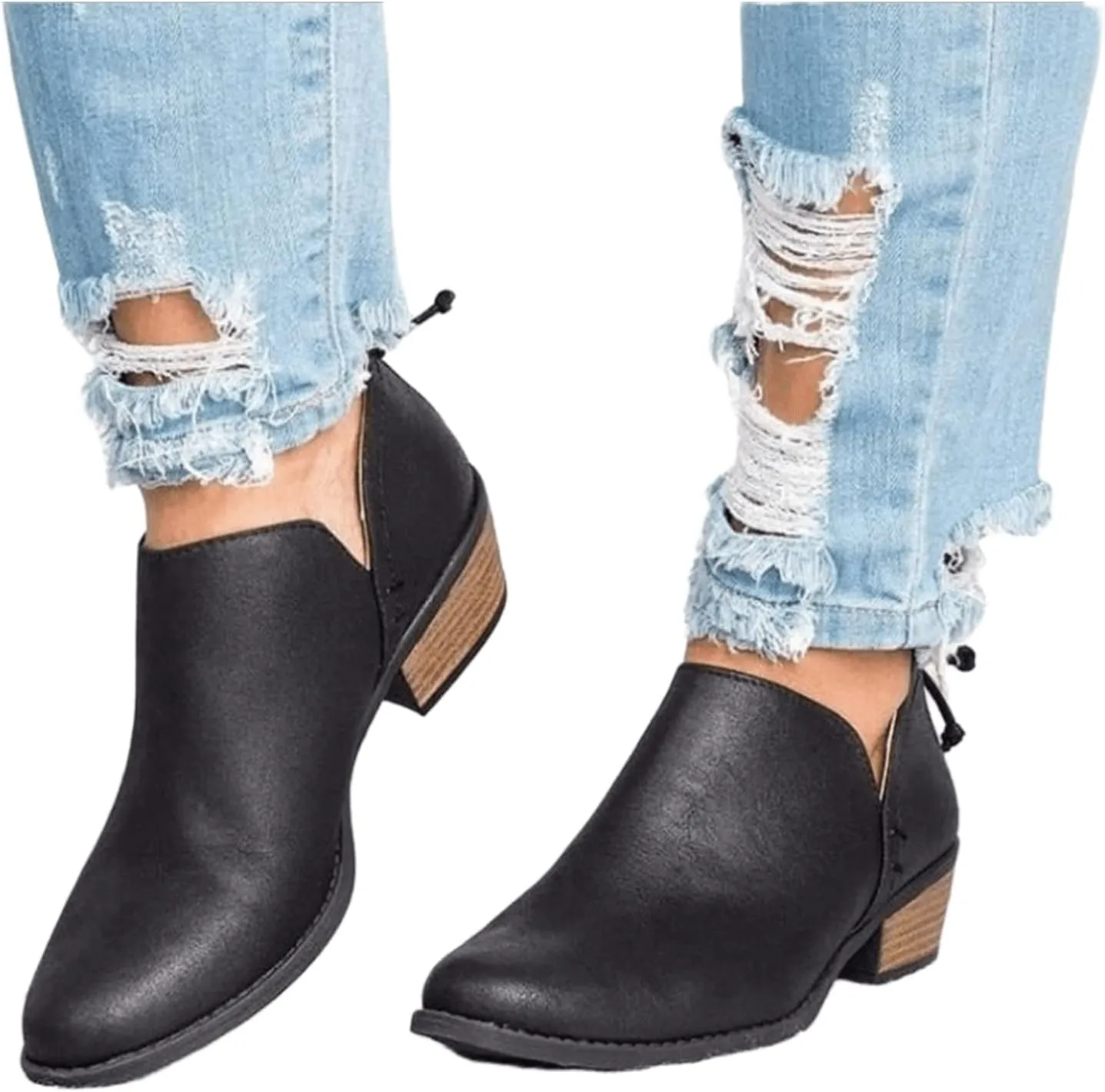 Lausiuoe Boots For Women Ankle Booties Sexy Low Heels Chunky Block Cutout Booties Casual Dressy Slip on Western Shoes