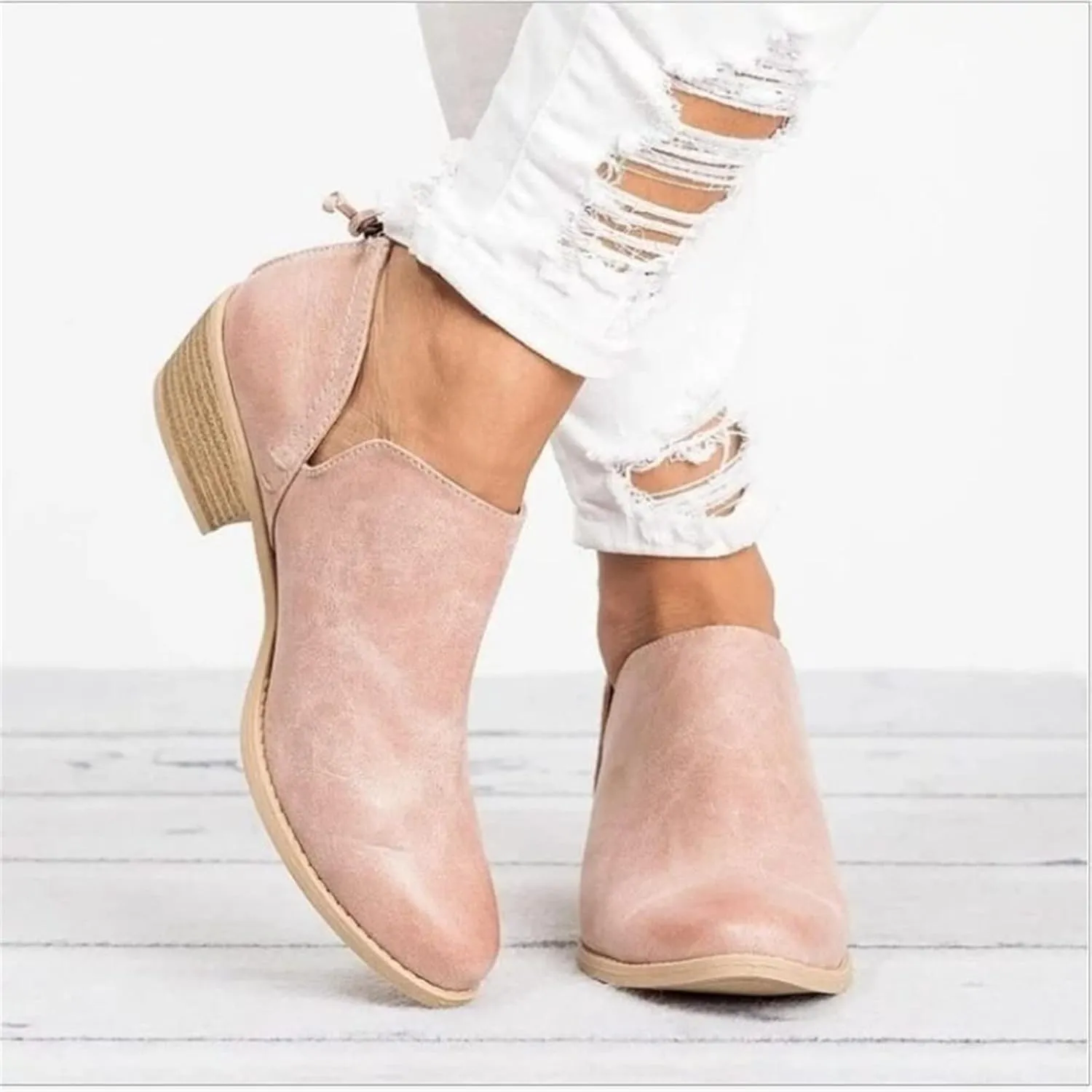 Lausiuoe Boots For Women Ankle Booties Sexy Low Heels Chunky Block Cutout Booties Casual Dressy Slip on Western Shoes