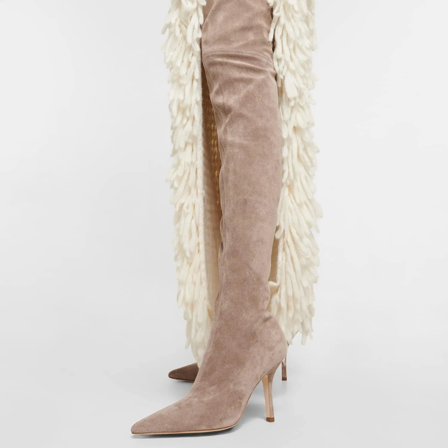 LEHOOR Sexy High Heels Thigh High Stiletto Boots Women Pointed Toe Stretch Zip Kitten Heel Suede Over Knee Boots 4-11 M US