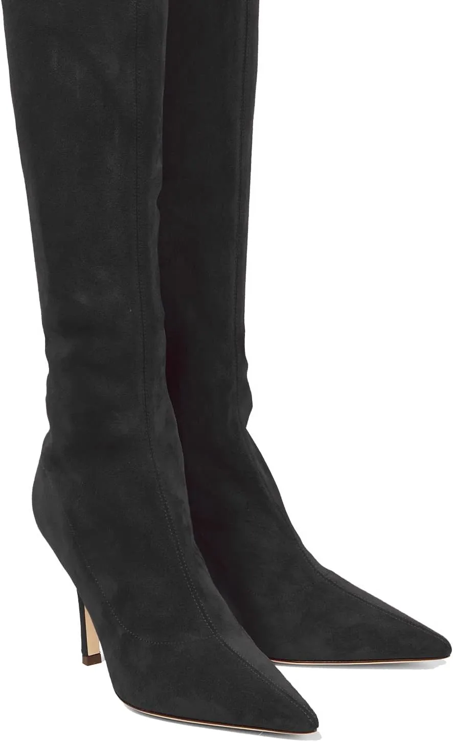 LEHOOR Sexy High Heels Thigh High Stiletto Boots Women Pointed Toe Stretch Zip Kitten Heel Suede Over Knee Boots 4-11 M US