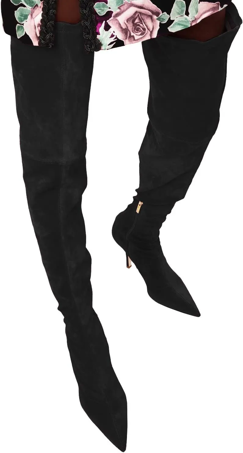 LEHOOR Sexy High Heels Thigh High Stiletto Boots Women Pointed Toe Stretch Zip Kitten Heel Suede Over Knee Boots 4-11 M US