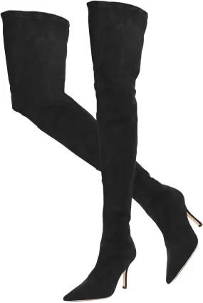 LEHOOR Sexy High Heels Thigh High Stiletto Boots Women Pointed Toe Stretch Zip Kitten Heel Suede Over Knee Boots 4-11 M US