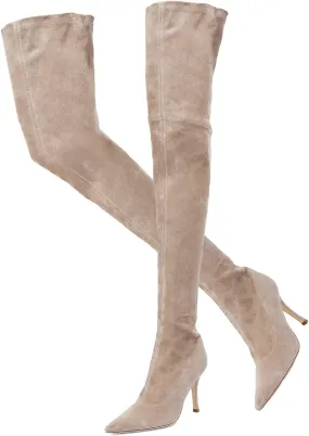 LEHOOR Sexy High Heels Thigh High Stiletto Boots Women Pointed Toe Stretch Zip Kitten Heel Suede Over Knee Boots 4-11 M US