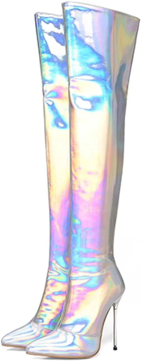 LEHOOR Women Thigh High Go Go Boots Stiletto High Heel Pointed Toe Metallic Over The Knee Boots Wide Calf Side Zipper Patent Leather Tall Dress Boot 5" Metal Heels Sexy Shiny Colorful Fall 4-13 M US