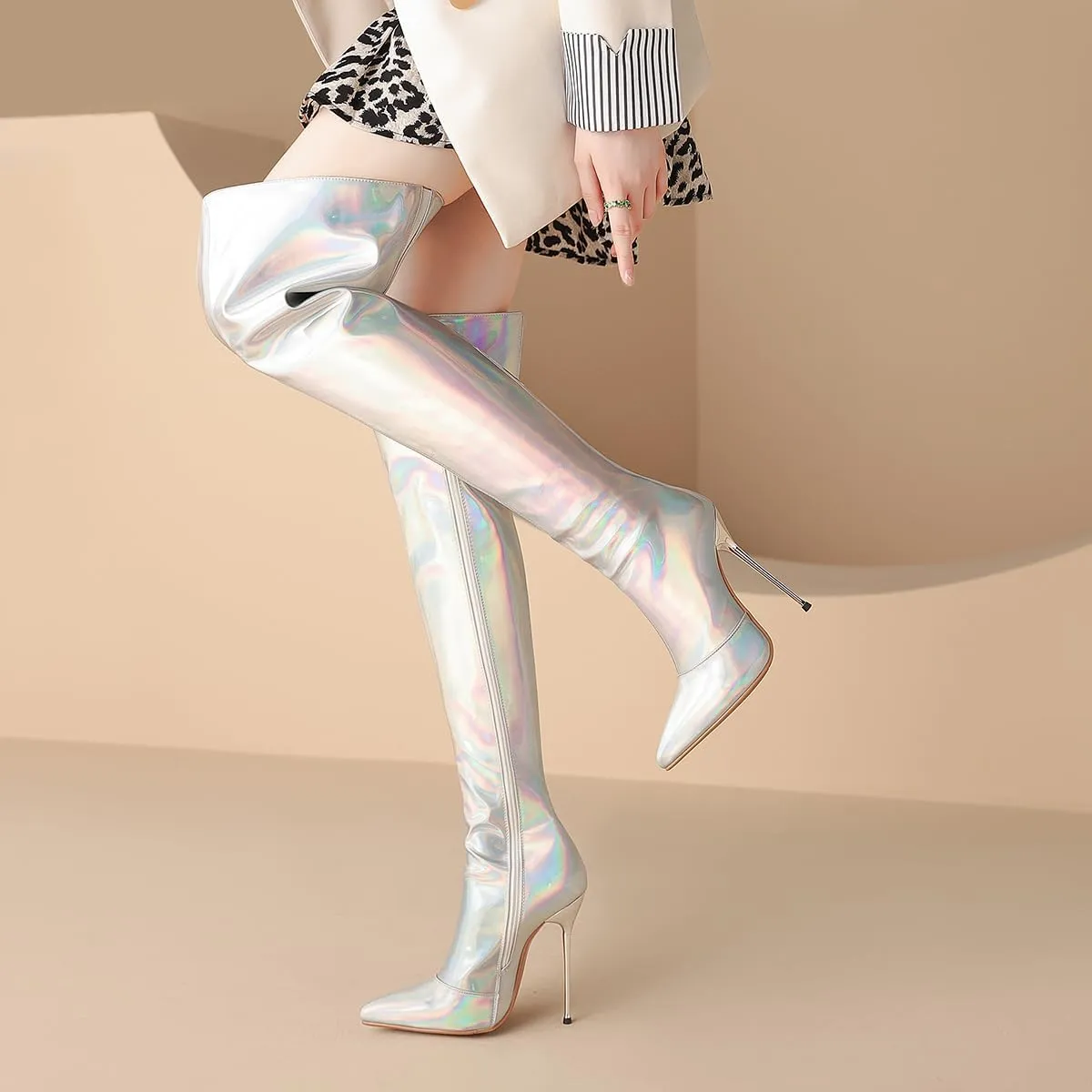 LEHOOR Women Thigh High Go Go Boots Stiletto High Heel Pointed Toe Metallic Over The Knee Boots Wide Calf Side Zipper Patent Leather Tall Dress Boot 5" Metal Heels Sexy Shiny Colorful Fall 4-13 M US