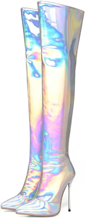 LEHOOR Women Thigh High Go Go Boots Stiletto High Heel Pointed Toe Metallic Over The Knee Boots Wide Calf Side Zipper Patent Leather Tall Dress Boot 5" Metal Heels Sexy Shiny Colorful Fall 4-13 M US