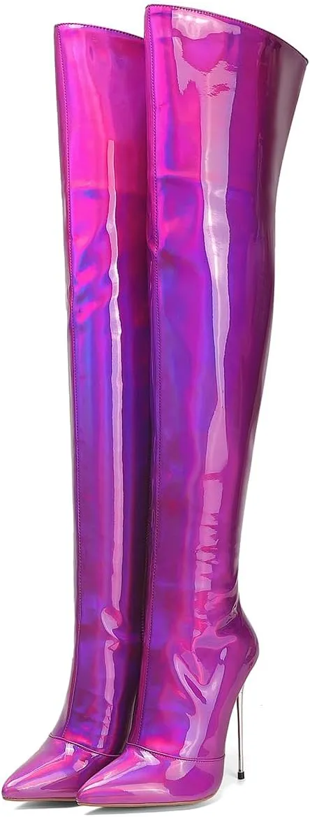 LEHOOR Women Thigh High Go Go Boots Stiletto High Heel Pointed Toe Metallic Over The Knee Boots Wide Calf Side Zipper Patent Leather Tall Dress Boot 5" Metal Heels Sexy Shiny Colorful Fall 4-13 M US