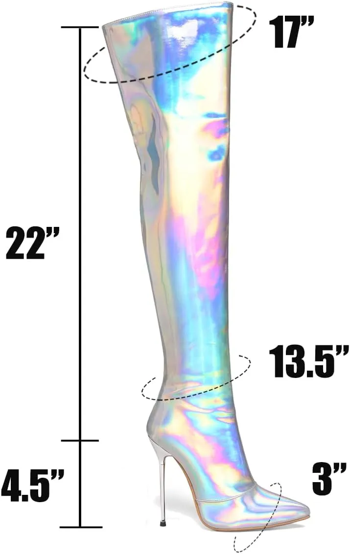 LEHOOR Women Thigh High Go Go Boots Stiletto High Heel Pointed Toe Metallic Over The Knee Boots Wide Calf Side Zipper Patent Leather Tall Dress Boot 5" Metal Heels Sexy Shiny Colorful Fall 4-13 M US