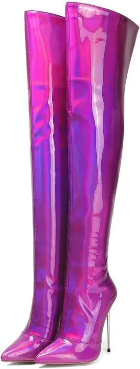 LEHOOR Women Thigh High Go Go Boots Stiletto High Heel Pointed Toe Metallic Over The Knee Boots Wide Calf Side Zipper Patent Leather Tall Dress Boot 5" Metal Heels Sexy Shiny Colorful Fall 4-13 M US