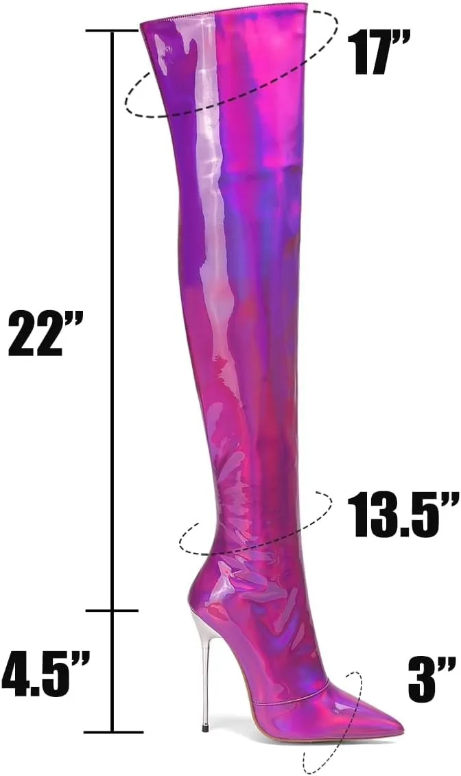 LEHOOR Women Thigh High Go Go Boots Stiletto High Heel Pointed Toe Metallic Over The Knee Boots Wide Calf Side Zipper Patent Leather Tall Dress Boot 5" Metal Heels Sexy Shiny Colorful Fall 4-13 M US
