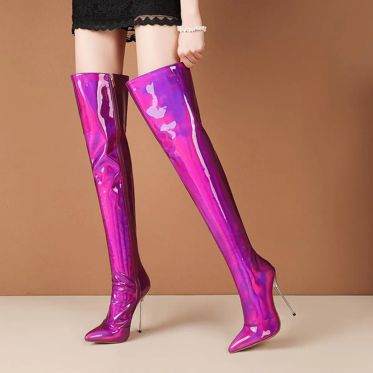 LEHOOR Women Thigh High Go Go Boots Stiletto High Heel Pointed Toe Metallic Over The Knee Boots Wide Calf Side Zipper Patent Leather Tall Dress Boot 5" Metal Heels Sexy Shiny Colorful Fall 4-13 M US