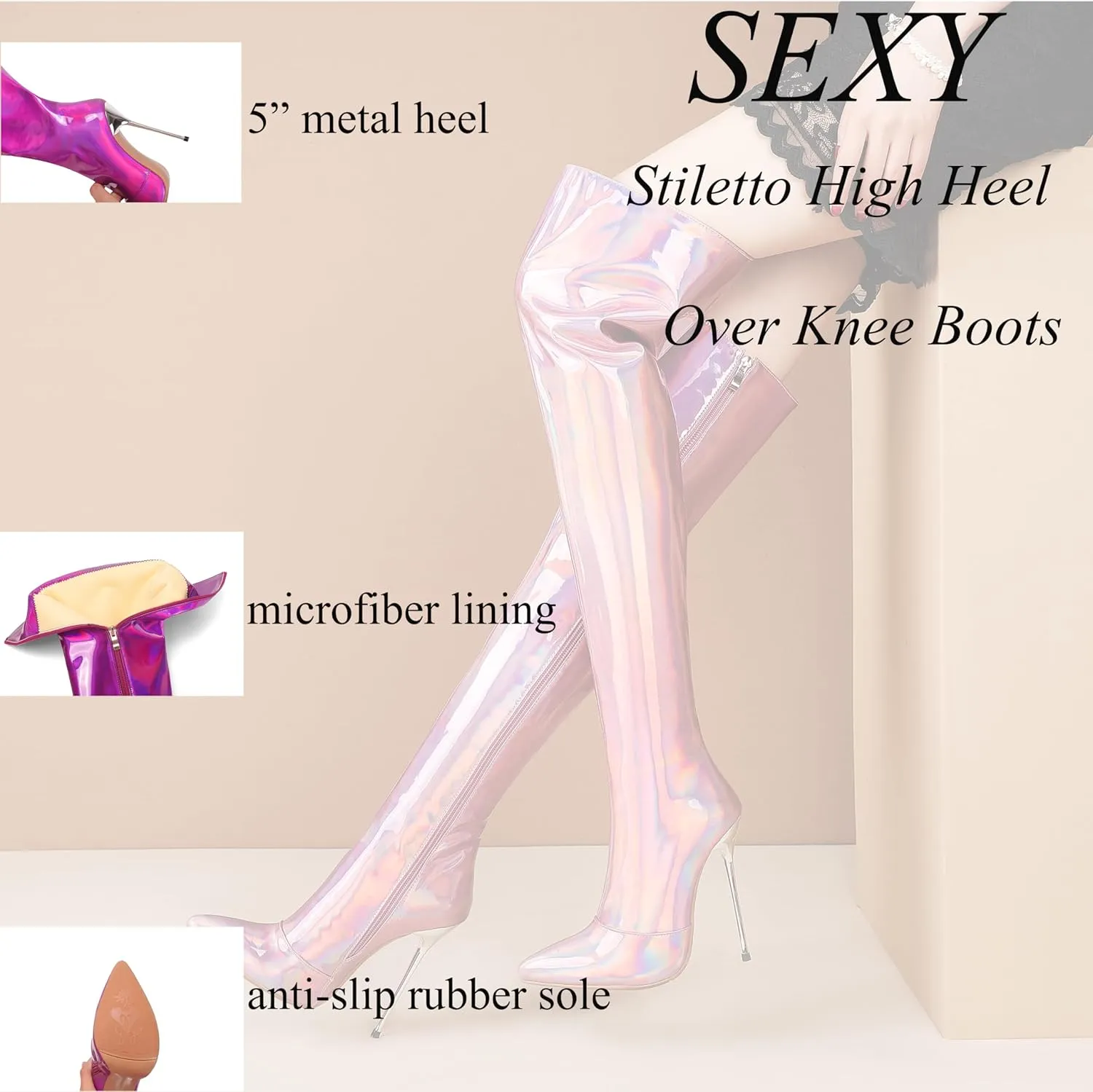 LEHOOR Women Thigh High Go Go Boots Stiletto High Heel Pointed Toe Metallic Over The Knee Boots Wide Calf Side Zipper Patent Leather Tall Dress Boot 5" Metal Heels Sexy Shiny Colorful Fall 4-13 M US