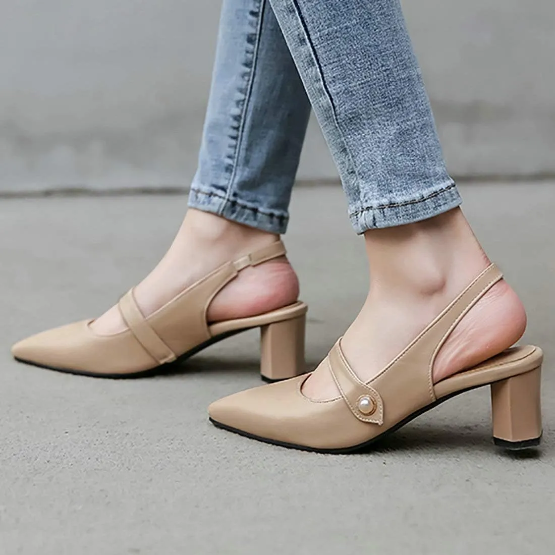 MAVMAX Women's Pointed Toe Mary Jane Slingback Block Mid Heel Pumps