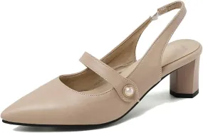 MAVMAX Women's Pointed Toe Mary Jane Slingback Block Mid Heel Pumps