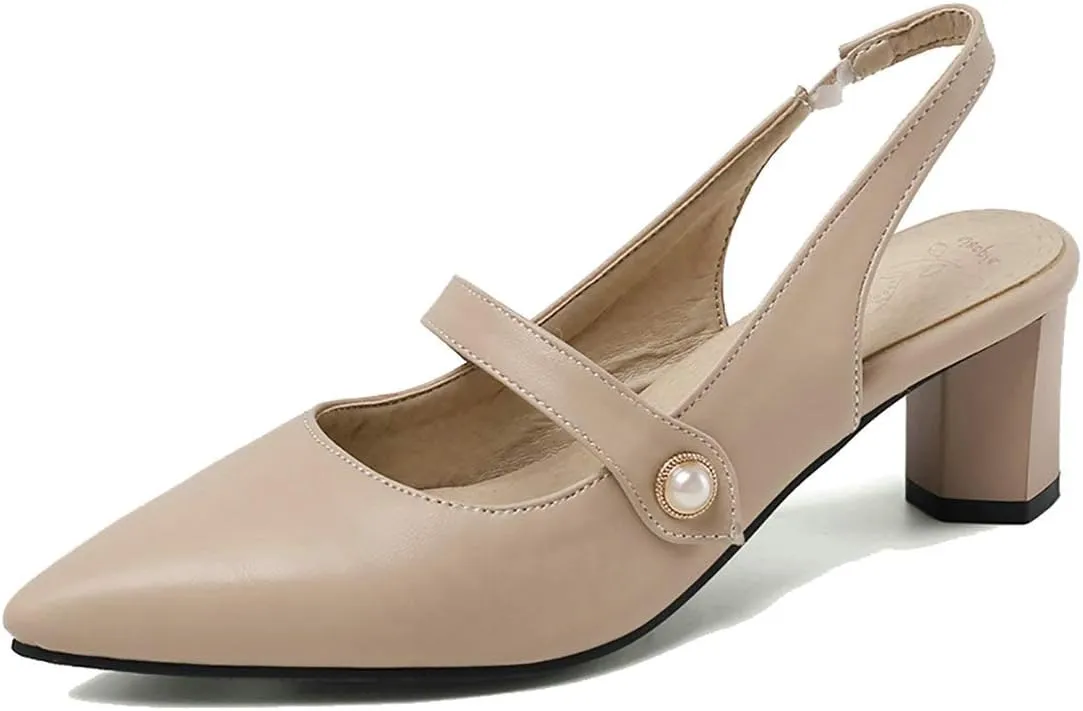MAVMAX Women's Pointed Toe Mary Jane Slingback Block Mid Heel Pumps