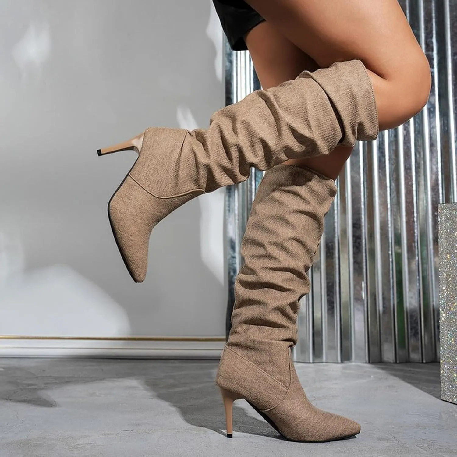 Mid Calf Boots Fashionable Versatile Solid Classic Boots High Heel Pointed Toe Women's Leather Sparkling