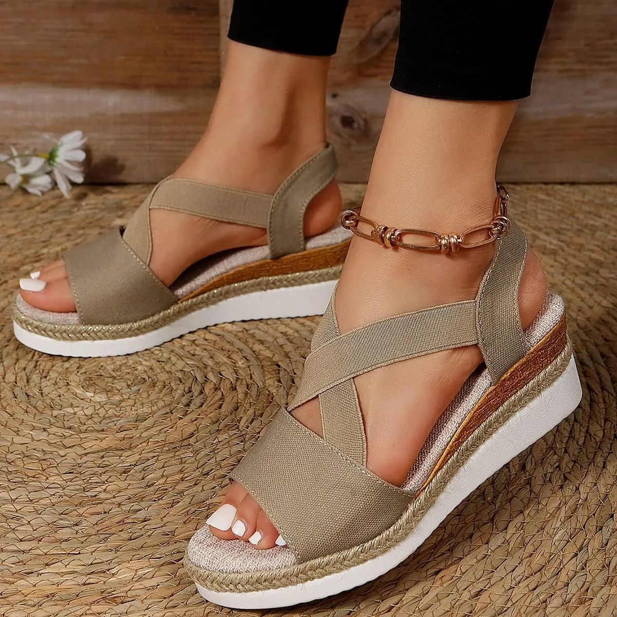 Mmoneyake Womens Espadrille Platform Sandals Criss Cross Strap Slide Sandals Comfortable Open Toe Wedge Sandal Casual Slip On Sneakers Summer Beach Vacation Shoes