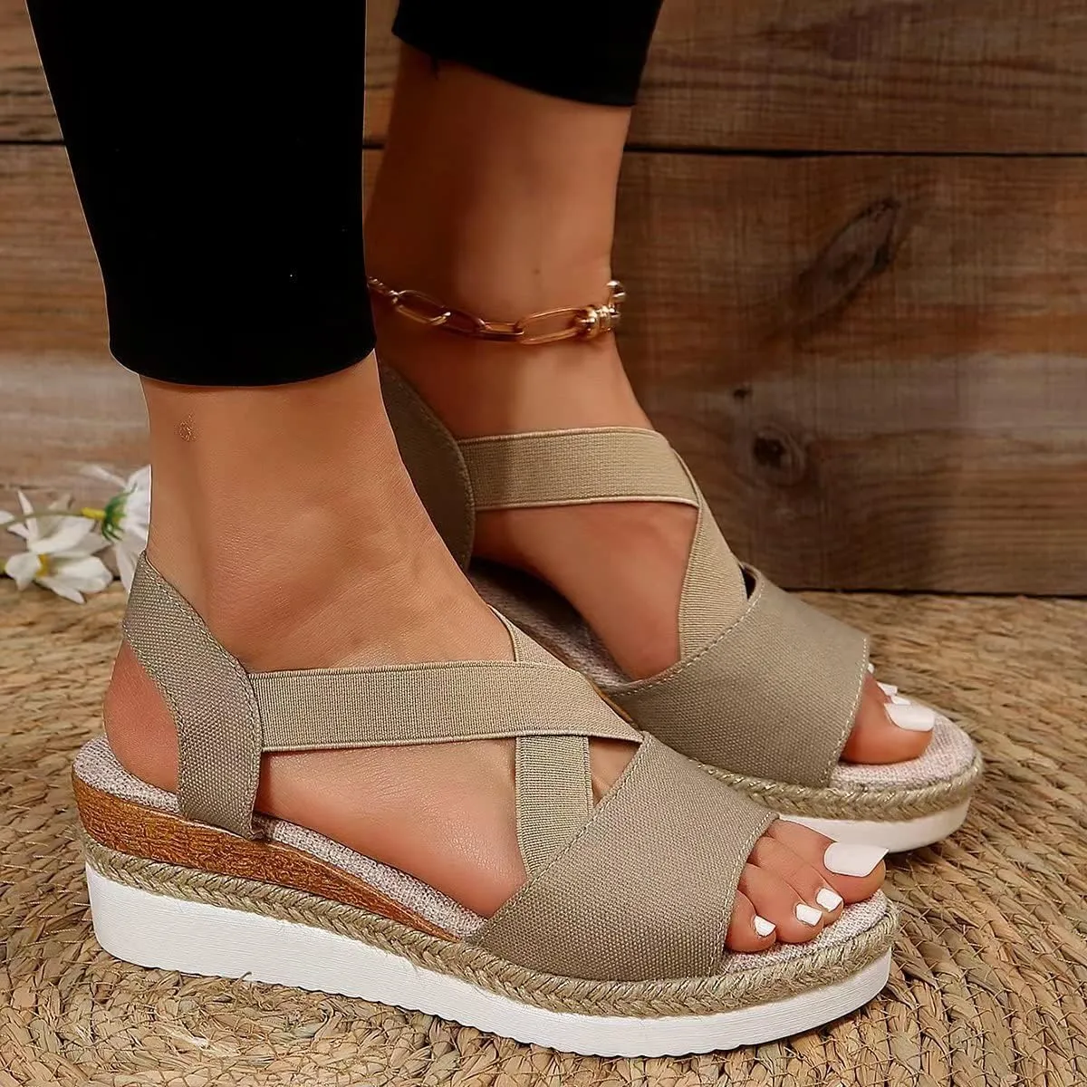 Mmoneyake Womens Espadrille Platform Sandals Criss Cross Strap Slide Sandals Comfortable Open Toe Wedge Sandal Casual Slip On Sneakers Summer Beach Vacation Shoes