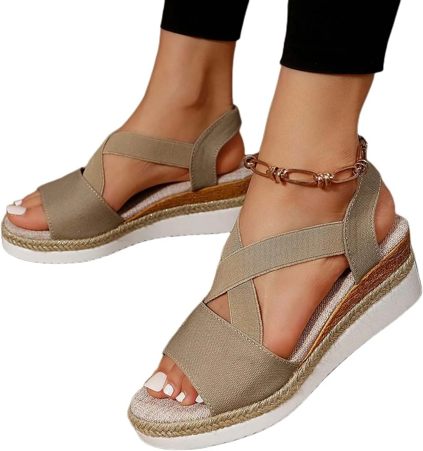 Mmoneyake Womens Espadrille Platform Sandals Criss Cross Strap Slide Sandals Comfortable Open Toe Wedge Sandal Casual Slip On Sneakers Summer Beach Vacation Shoes