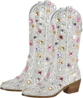 Richealnana Sparkly Rhinestones Cowboy Cowgirl Style Boots Calf High Boots for Women 2INCH Heeled Shining Pull On Tabs