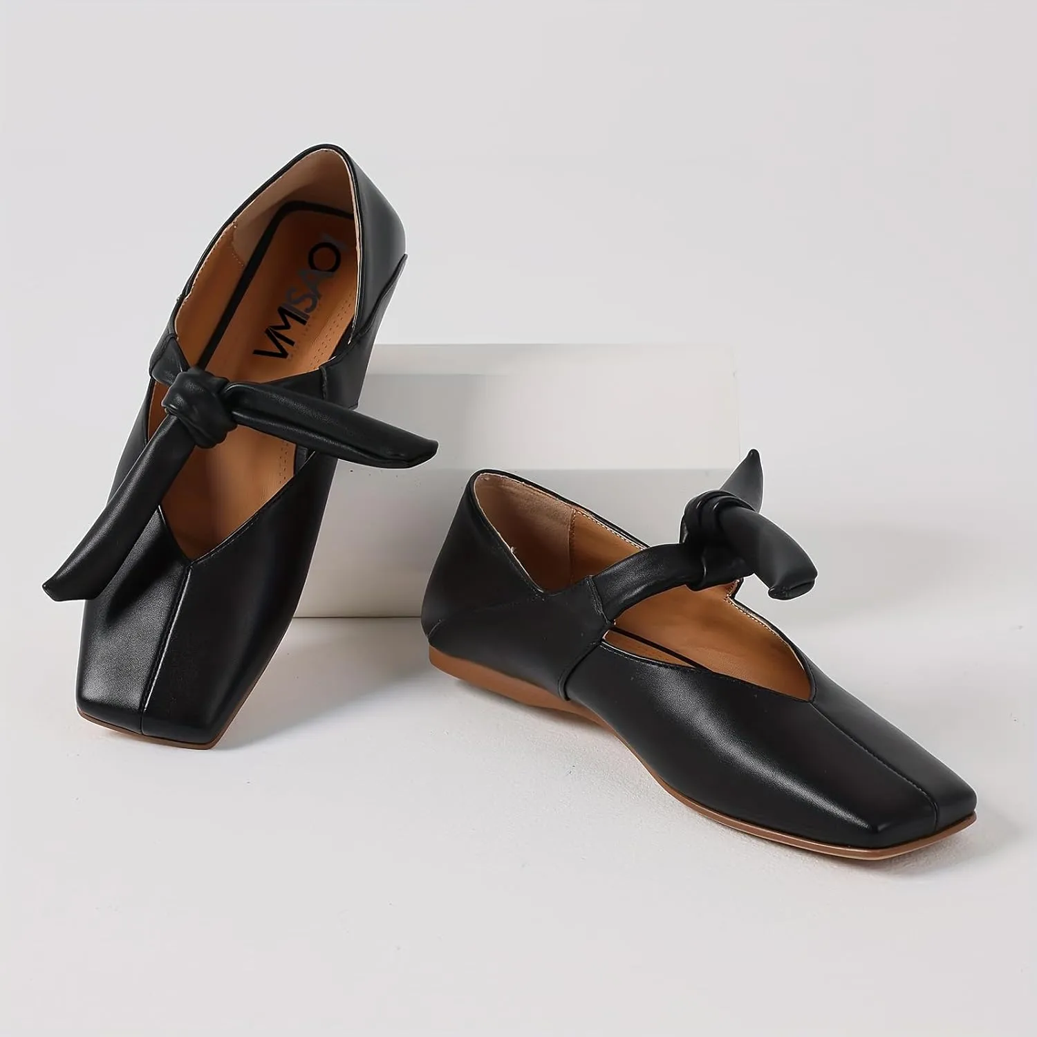 VIMISAOI Square Toe Ballerina Shoes for Women Bow Knots Ballet Flats Mary Jane Flats Slip On Bowtie Strap Flats