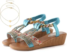 Wide Width Sandals for Women, 2025 Blue Sandals for Women Dressy Summer Comfortable Open Toe Flip Flops Rhinestone Beaded Bohemia Beach Shoes Slip On Dressy Flat with 2PCS Heart Shape Anklet