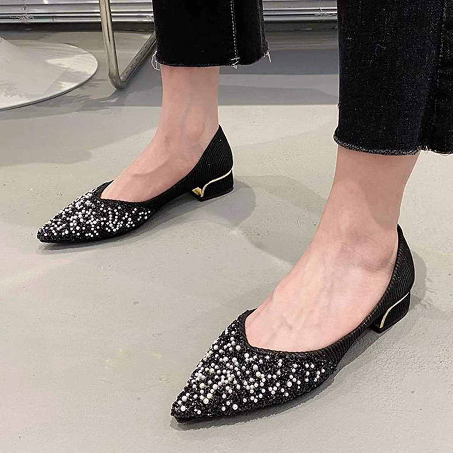 Women Elegant Pointed Toe Slip-on Pumps Glitter Rhinestone Comfortable Low Heel Wedding Dress Shoes