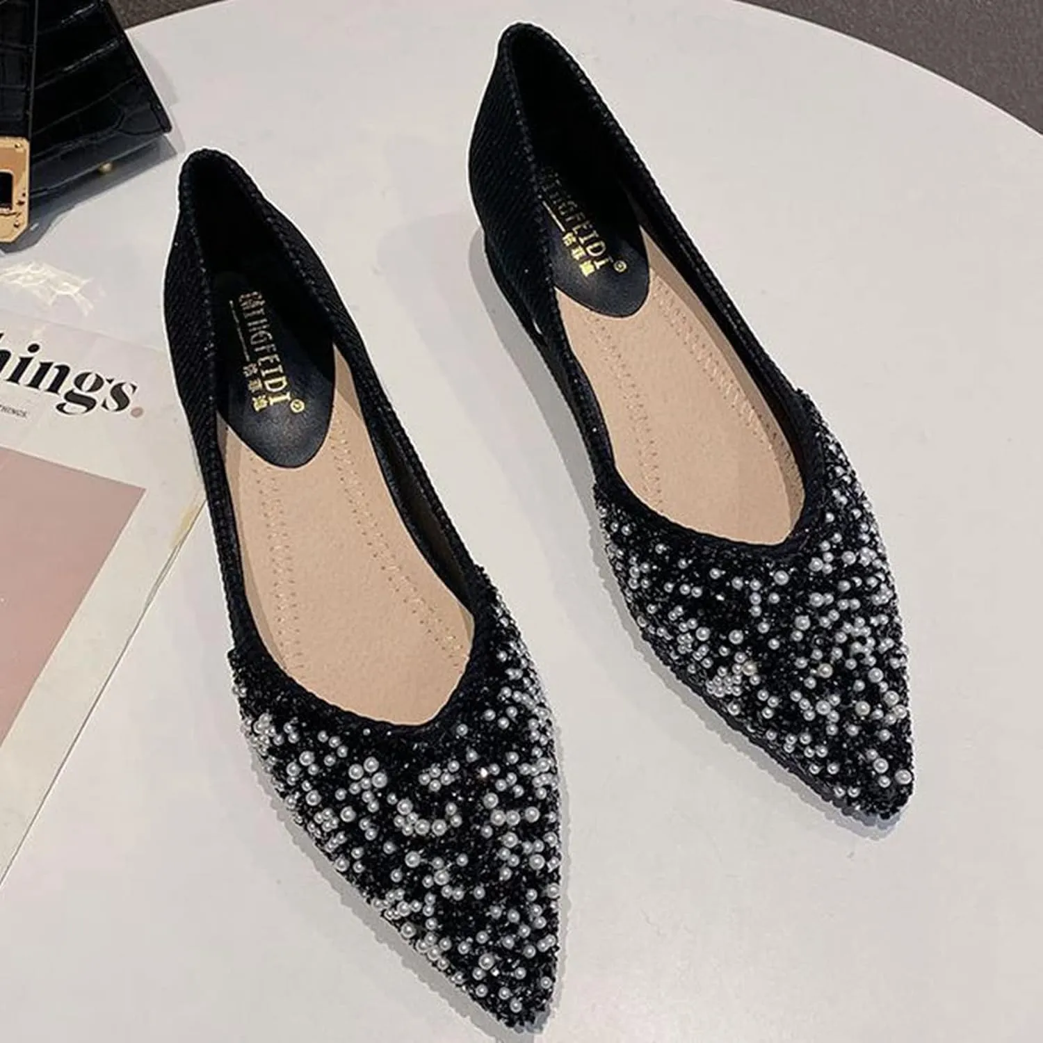 Women Elegant Pointed Toe Slip-on Pumps Glitter Rhinestone Comfortable Low Heel Wedding Dress Shoes