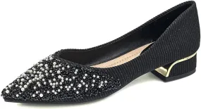 Women Elegant Pointed Toe Slip-on Pumps Glitter Rhinestone Comfortable Low Heel Wedding Dress Shoes