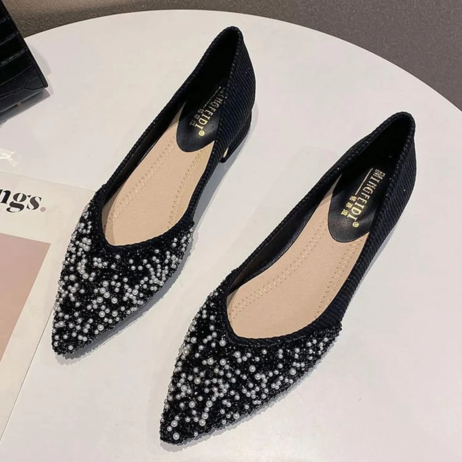 Women Elegant Pointed Toe Slip-on Pumps Glitter Rhinestone Comfortable Low Heel Wedding Dress Shoes