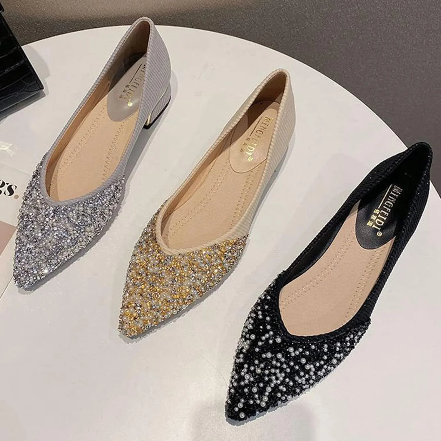 Women Elegant Pointed Toe Slip-on Pumps Glitter Rhinestone Comfortable Low Heel Wedding Dress Shoes