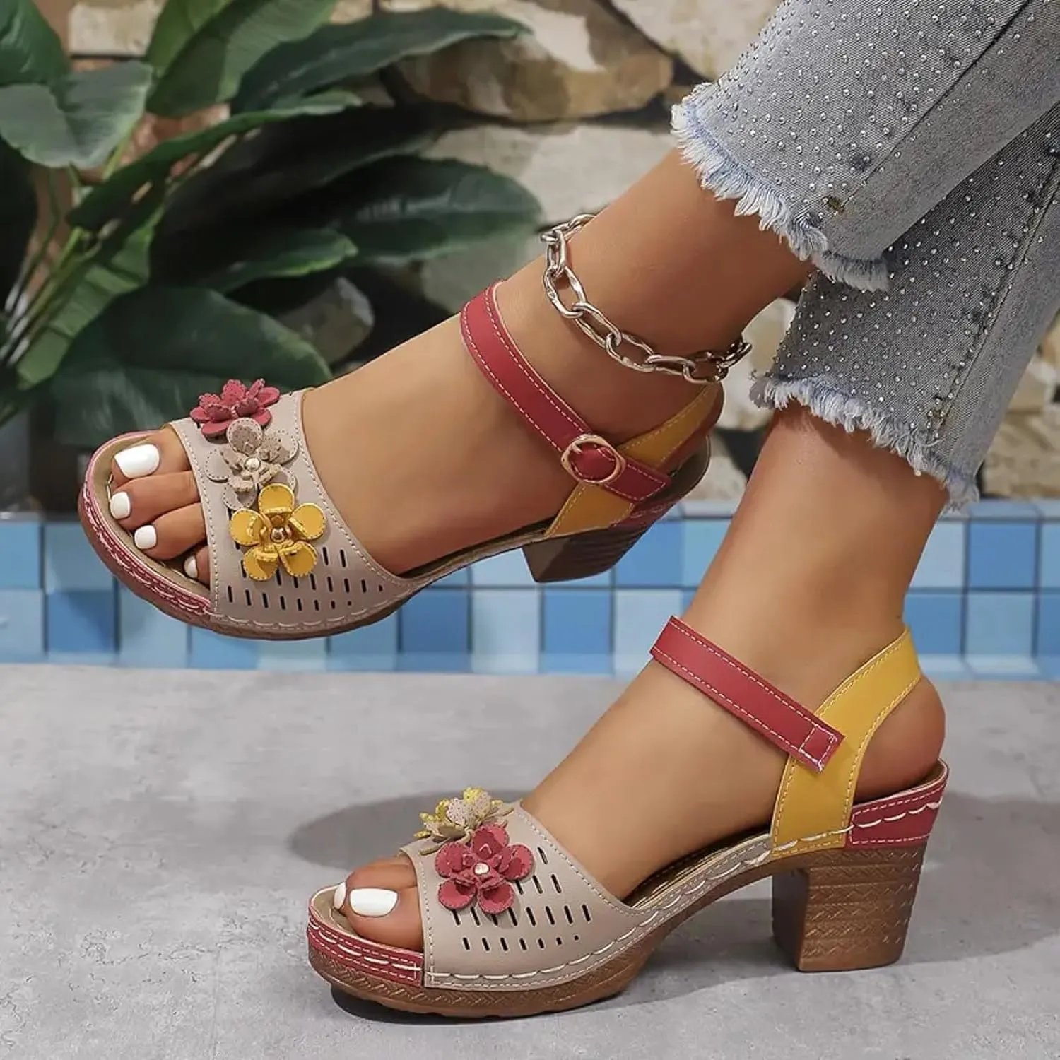 Women Open Toe Low Chunky Heels Sandals Casual Ankle Strap Block Heel Sandals Fish Mouth Party Dress Shoes